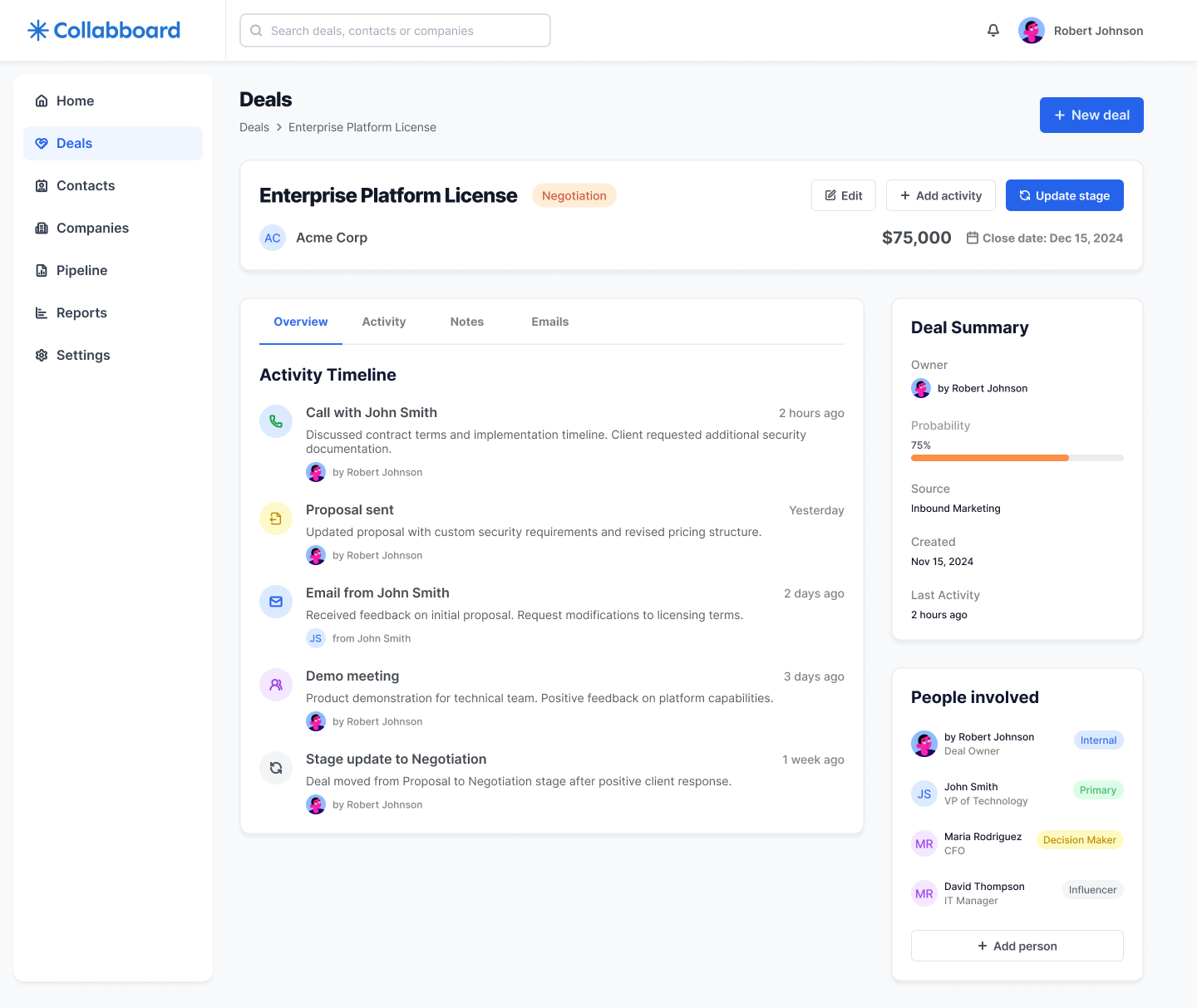 Collabboard deal details view with activity timeline
